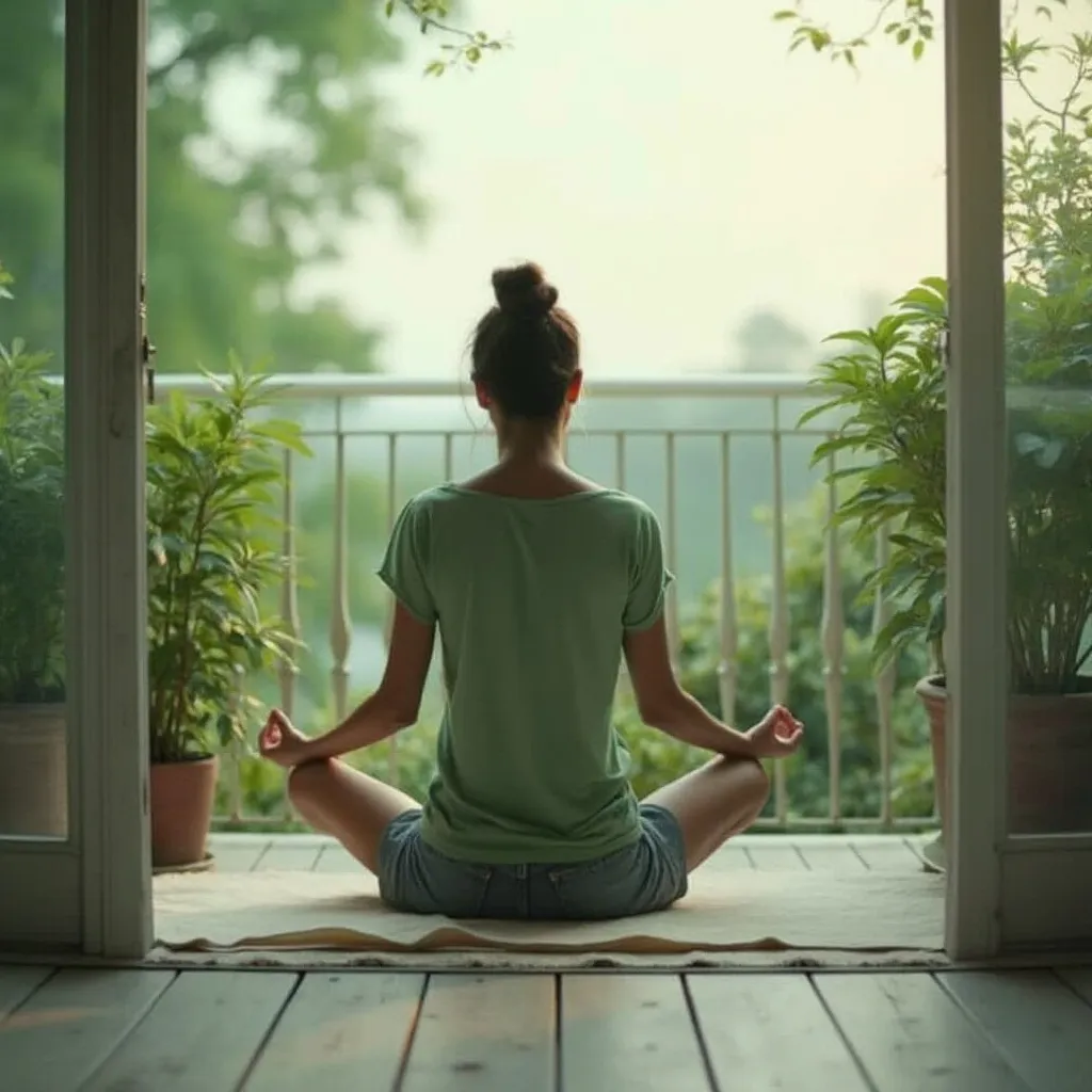 Persona meditando en una terraza
